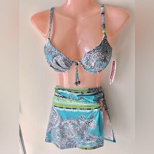 Kechika NWT Boho Green/ Blue Size 6 Bikini Top Size 8 Skirted Bikini Bottom